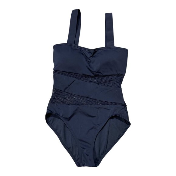 Carmen Marc Valvo Spliced One Piece Womens 10 Black Cutout Mesh Panels Swimwear - Picture 1 of 4